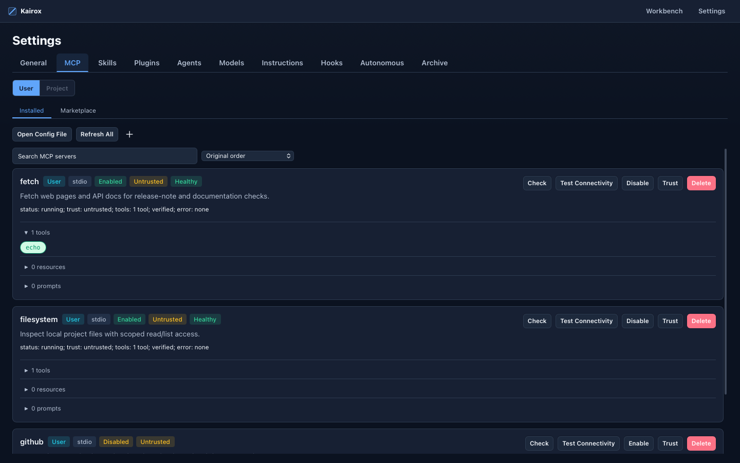 Kairox MCP settings installed-server view