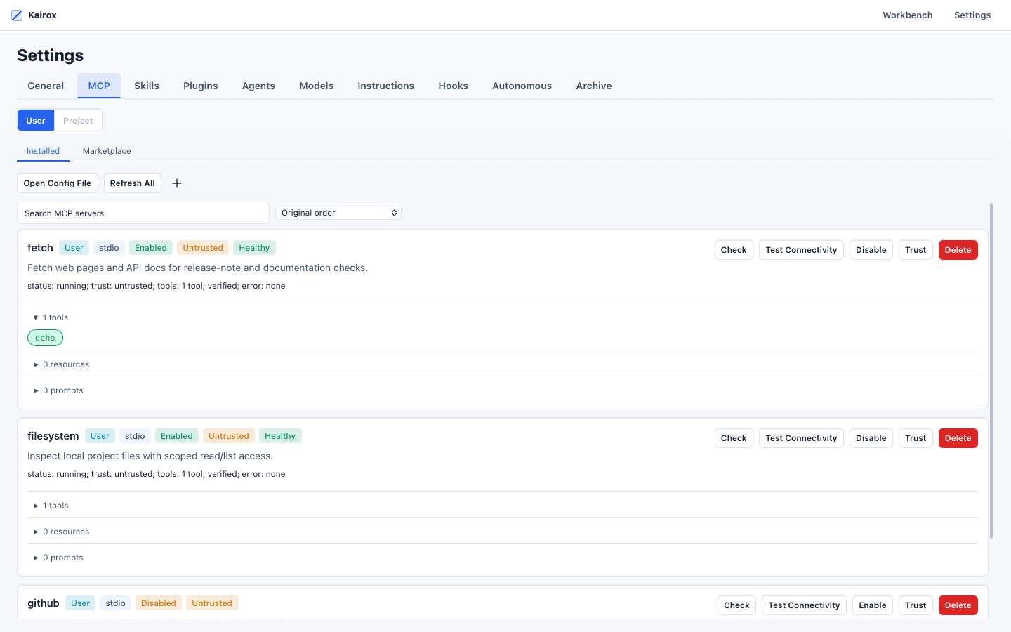 Kairox MCP settings installed-server view