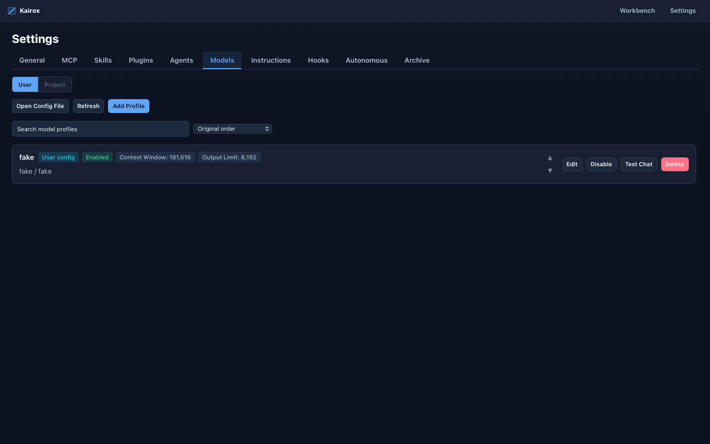 Kairox settings screen showing model and agent configuration