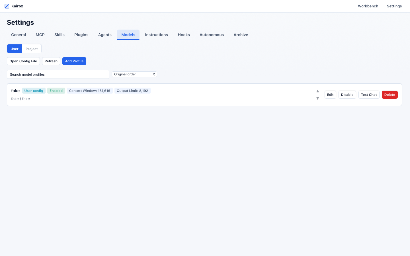 Kairox settings screen showing model and agent configuration