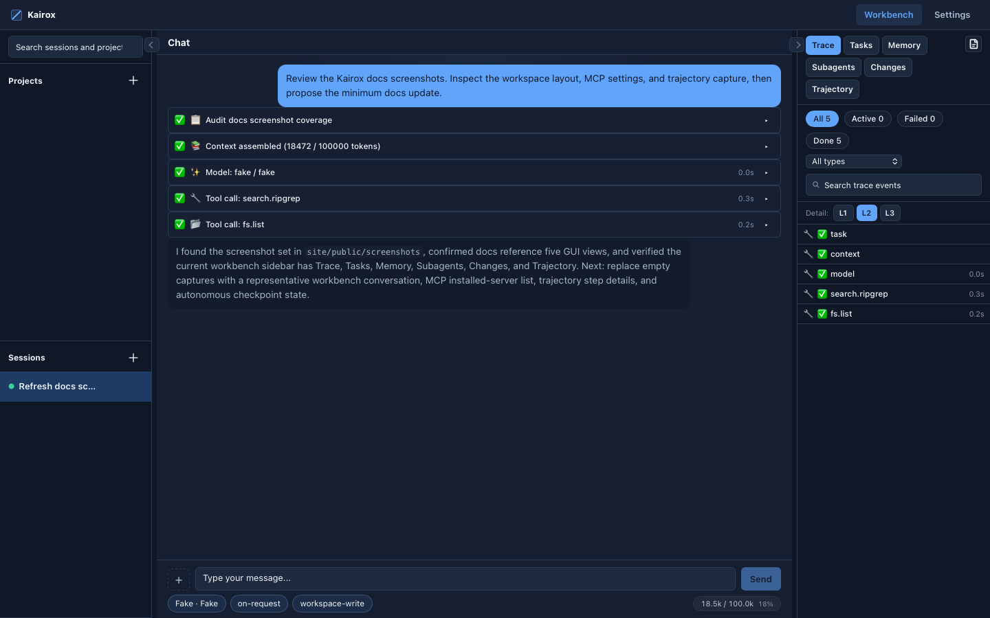 Kairox desktop workbench with a project session, chat, trace, and task panels