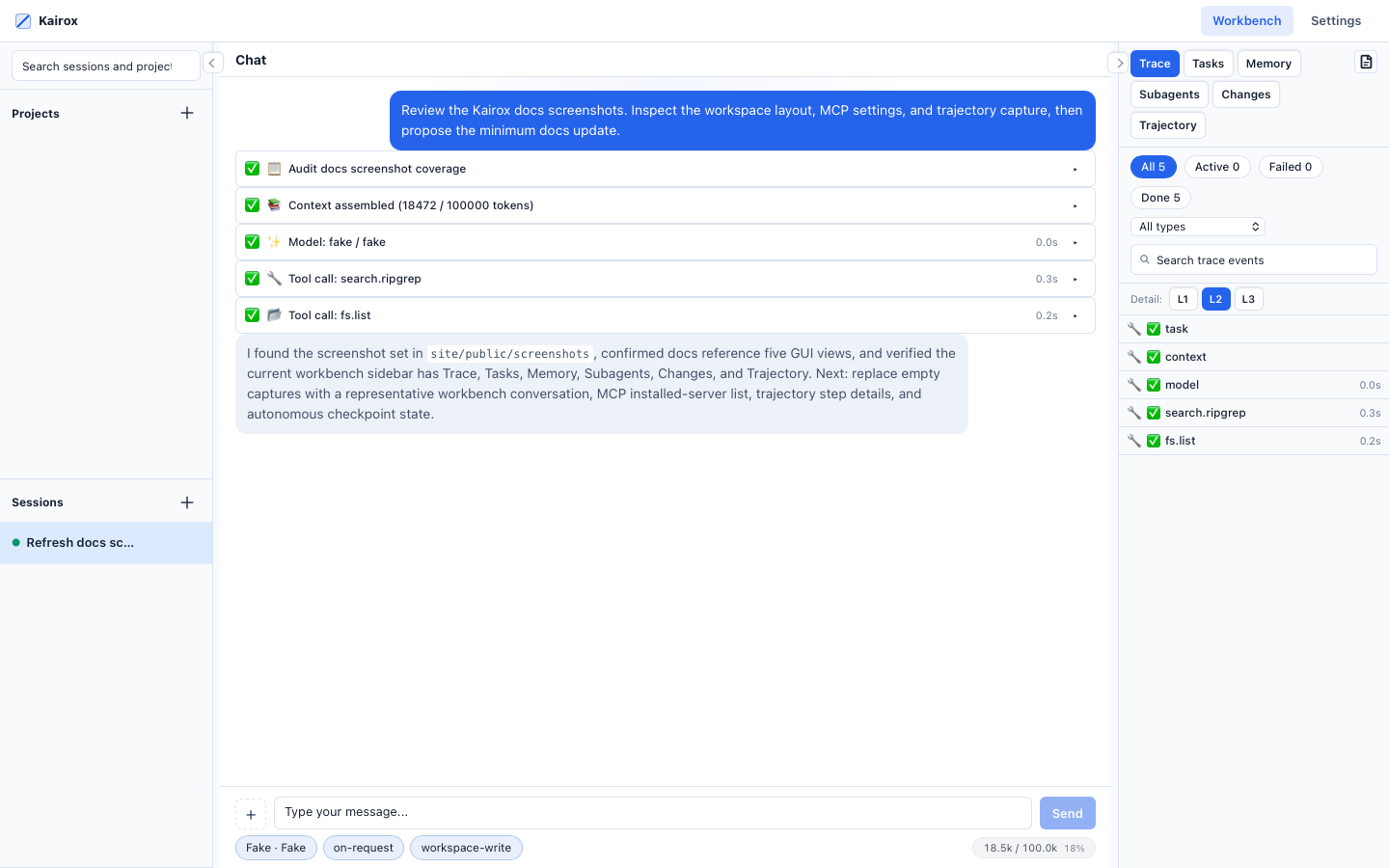 Kairox desktop workbench with a project session, chat, trace, and task panels